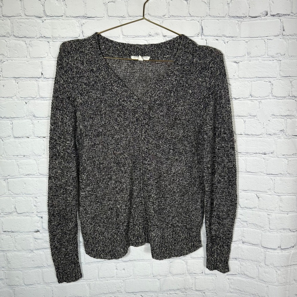 Eileen Fisher Petite Medium V-Neck Sweater 100% Linen Marled Knit Grey Black PM